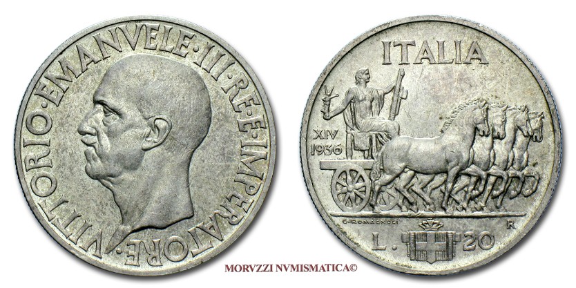 moneta di Vittorio Emanuele III, monete di Vittorio Emanuele III, moneta del Regno d'Italia, monete del Regno d'Italia, 20 lire 1936, 20 lire impero, numismatica