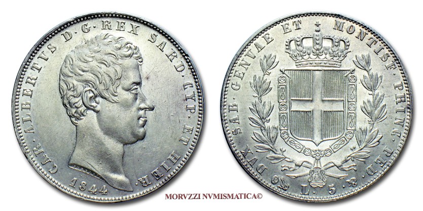 moneta di casa savoia, monete di casa savoia, moneta del regno di sardegna, monete del regno di sardegna, 5 lire 1844, 5 lire carlo alberto, 5 lire regno di sardegna