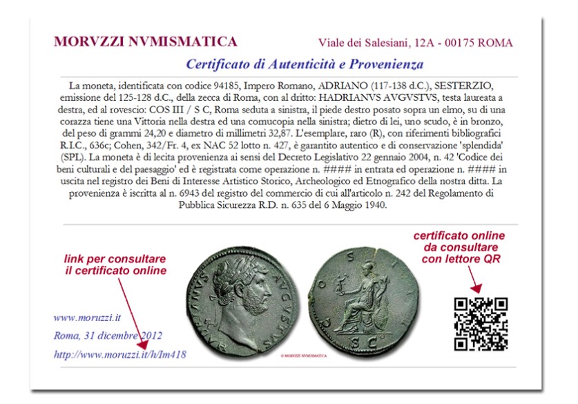 certificato di autenticità e provenienza