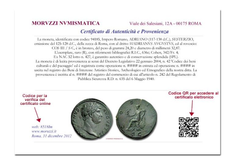 attestation of guarantee and provenance Moruzzi Numismatica