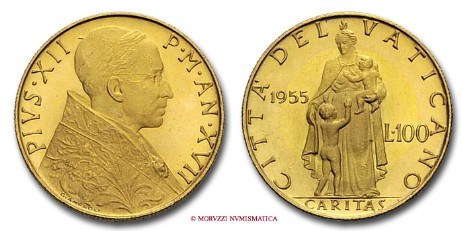 100 lire del 1955 in oro di Pio XII